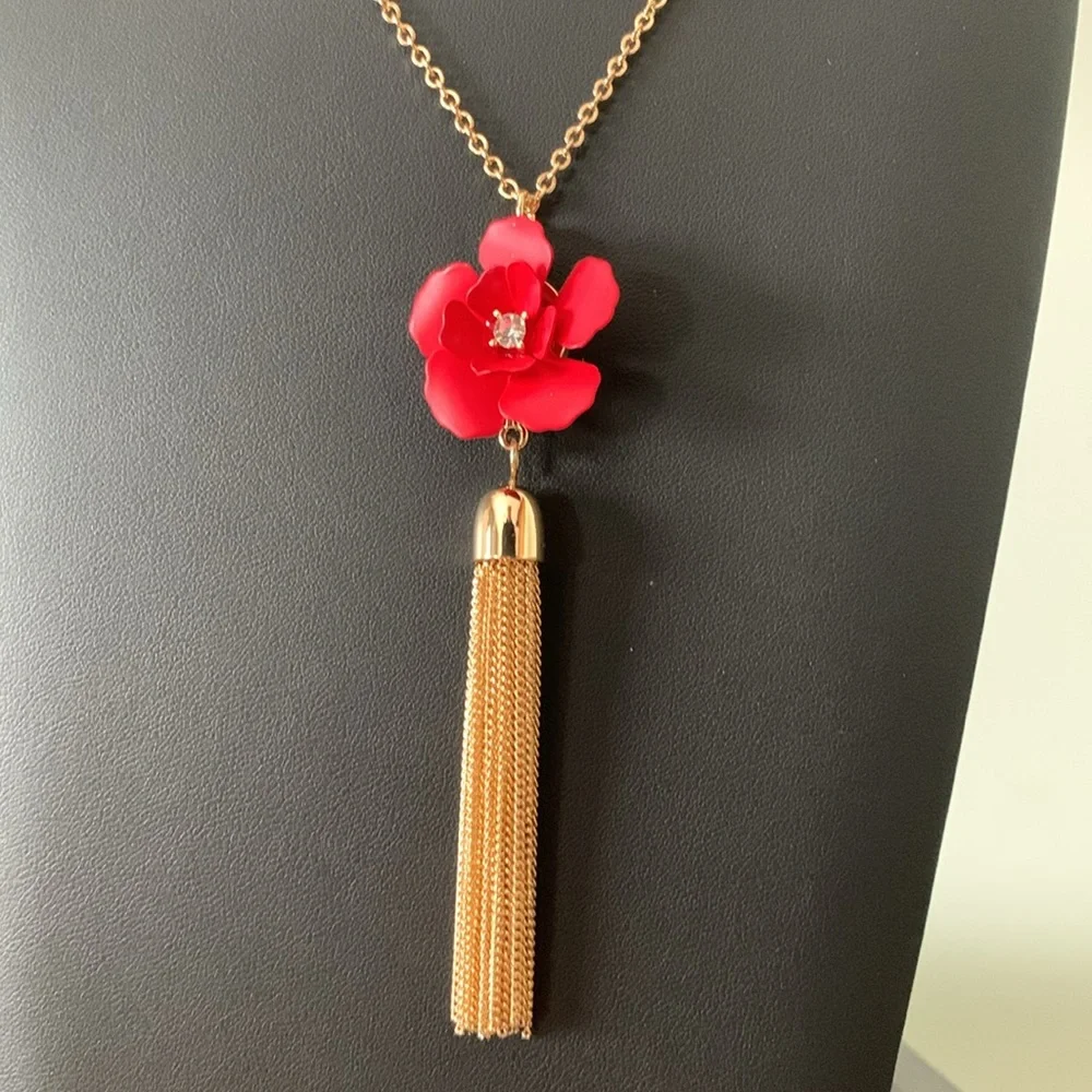 LOFT Red Floral Tassel Necklace